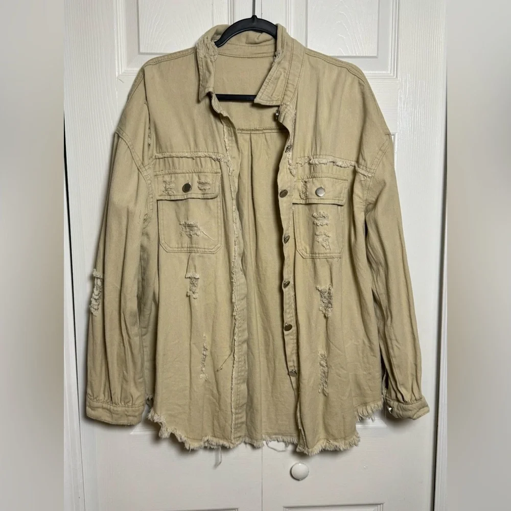Distressed Tan Denim Jacket - Picture 2 of 11